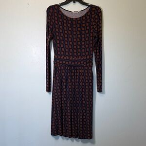 Boden Long Sleeve Dress in Navy and Brown Geometric Pattern
